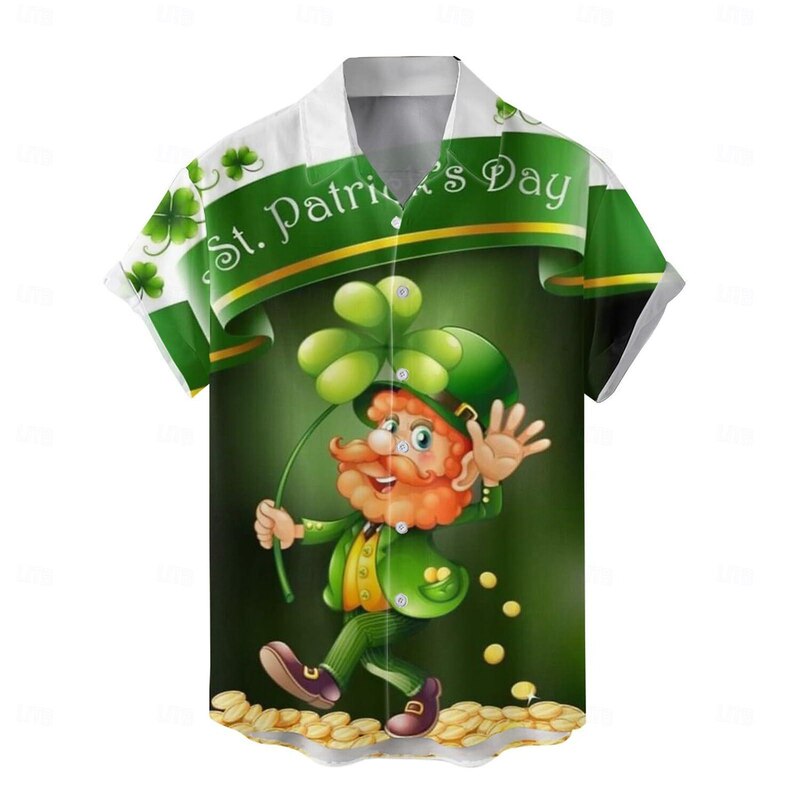 Cross-Border St. Patrick's Day Shirt Men's Clover Printed Lapel Cardigan Factory Direct Sale Starting from One Piece Can Be Customized