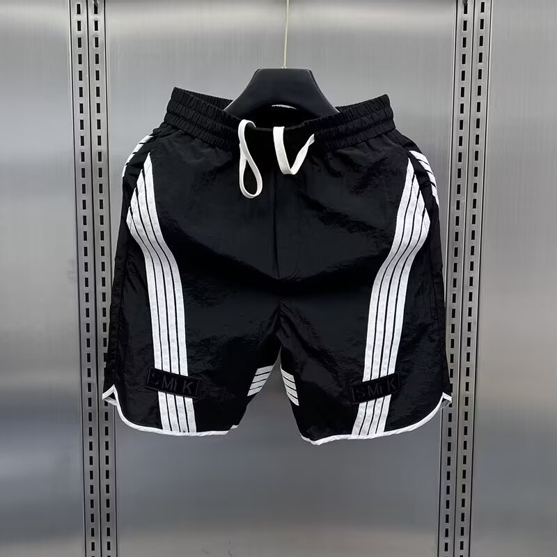 Trendy Brand Ice Silk Thin Striped Patchwork Shorts Men's 2025 Summer Casual Loose Beach Pants Sports Pants