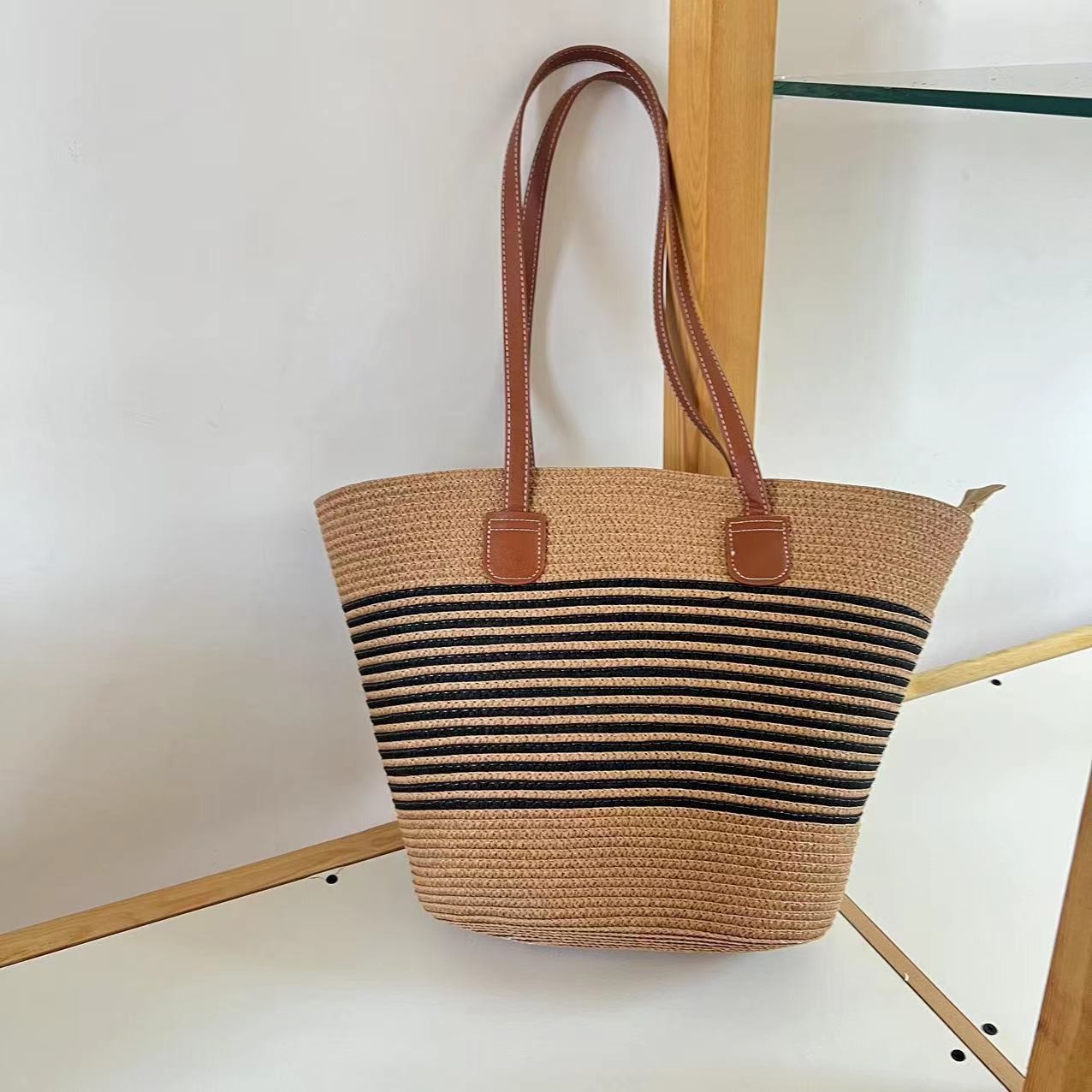 Stylish Striped Woven Shoulder Bag For Women Large Capacity Tote_voghion.com