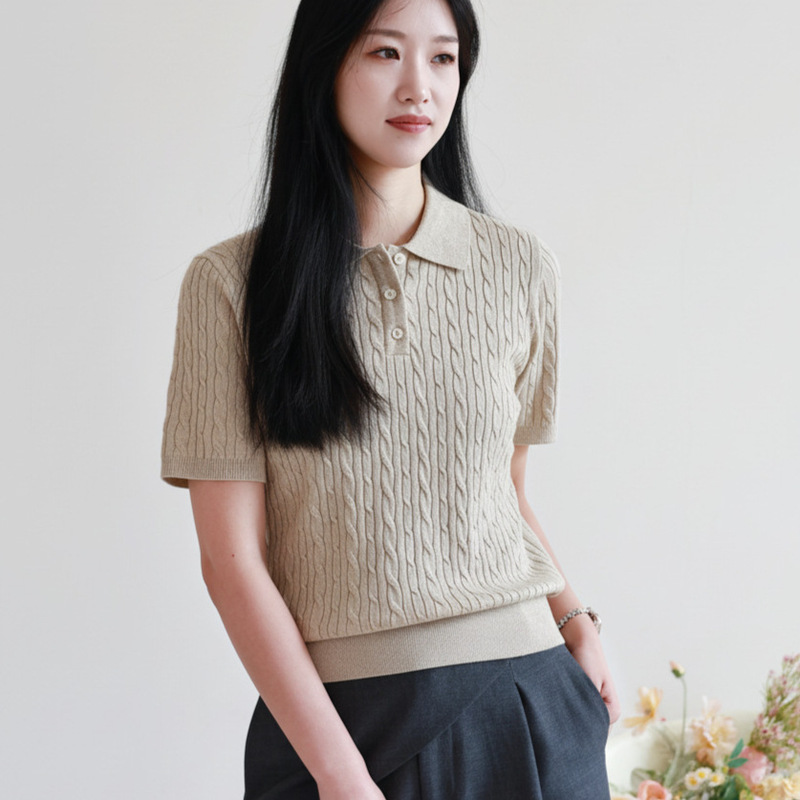 Proverbs Yunzhi Retro Cable Knit Polo Collar Short-Sleeved Knitwear Old Money Style Fine-Spun High-Count Wool Pullover Top