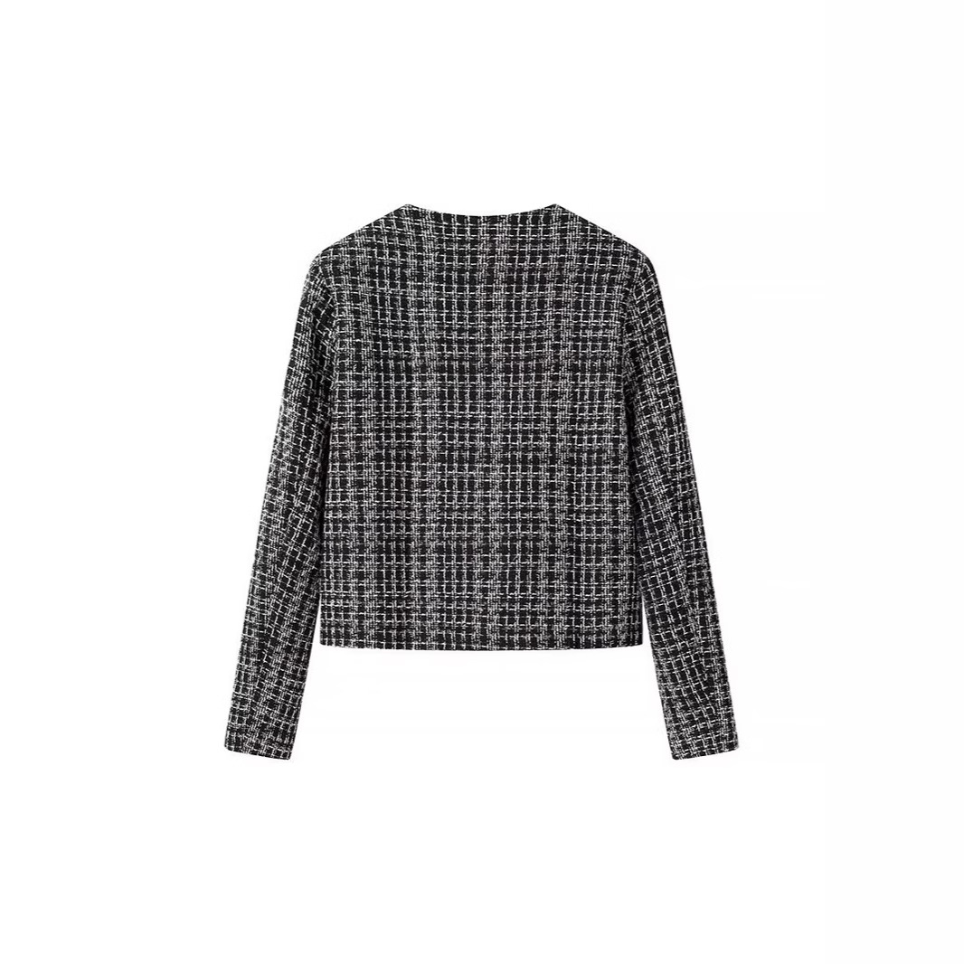 Foreign Trade Cross-border 24 New Rib Woven Chanel Tweed Coat Women's Plaid Woven Short Slub Jacket Suit