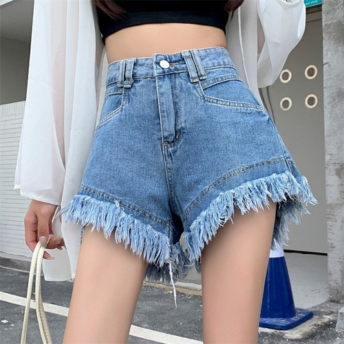 Ripped Denim Shorts for Women, Spring/Summer Collection: Loose Fit, Stylish European Design with Fringe, A-Line Hot Pants