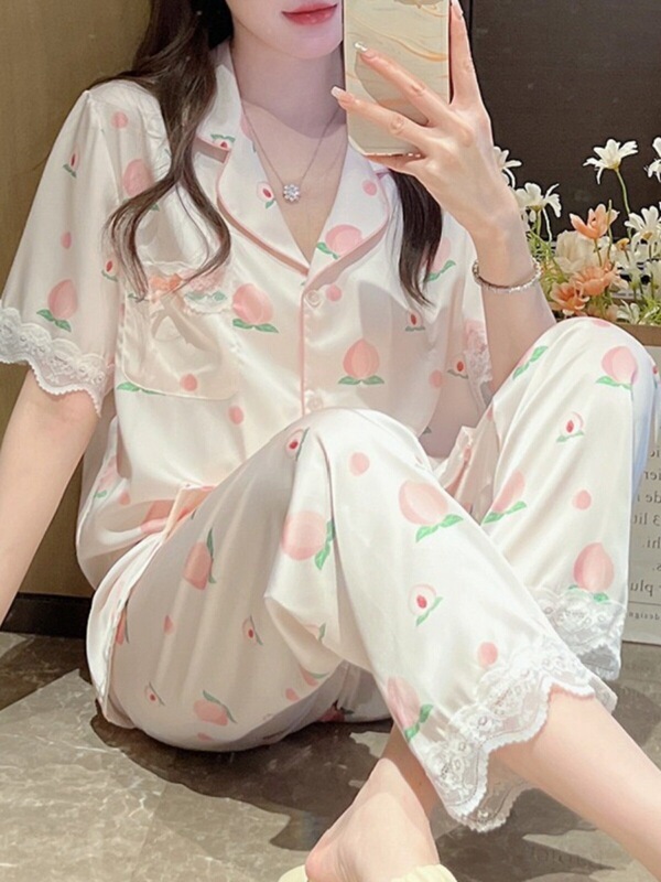Silk Pajamas for Women, Summer Thin Sweet Lace Peach Short-Sleeved Long Pants Three-Piece Set That Can Be Worn Outside as Home Clothes Set