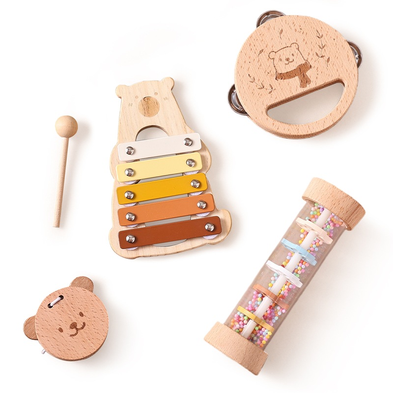 Instrumentos musicales de madera de cuatro piezas para bebés, apaciguamiento para niños, educación temprana, audición, percusión, piano, tubo de lluvia, juguetes musicales