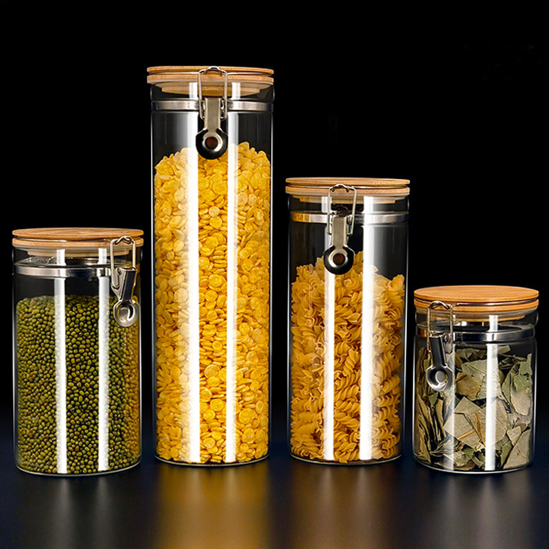 批发卡扣玻璃罐茶叶干果收纳瓶饼干杂粮储物罐套装咖啡木盖密封罐|undefined