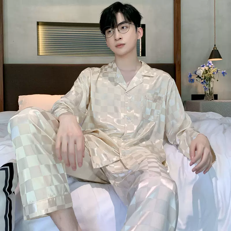 春秋新款冰丝睡衣男丝绸长袖两件套装青少年男士家居服格子可外穿