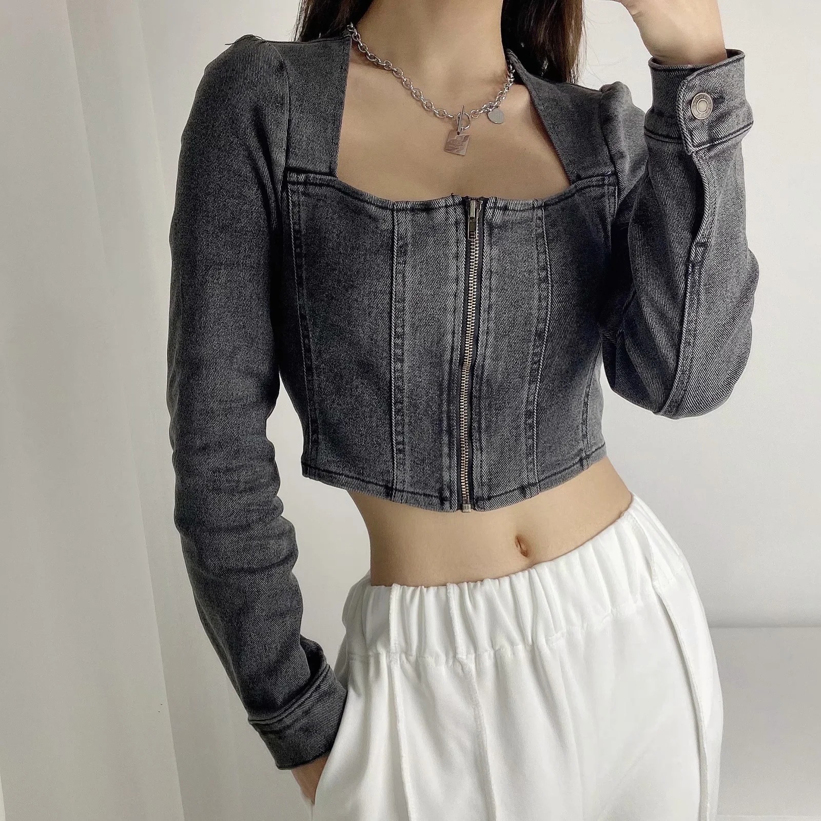 Front Zipper Square Neck Sexy Denim Top NSAC37226