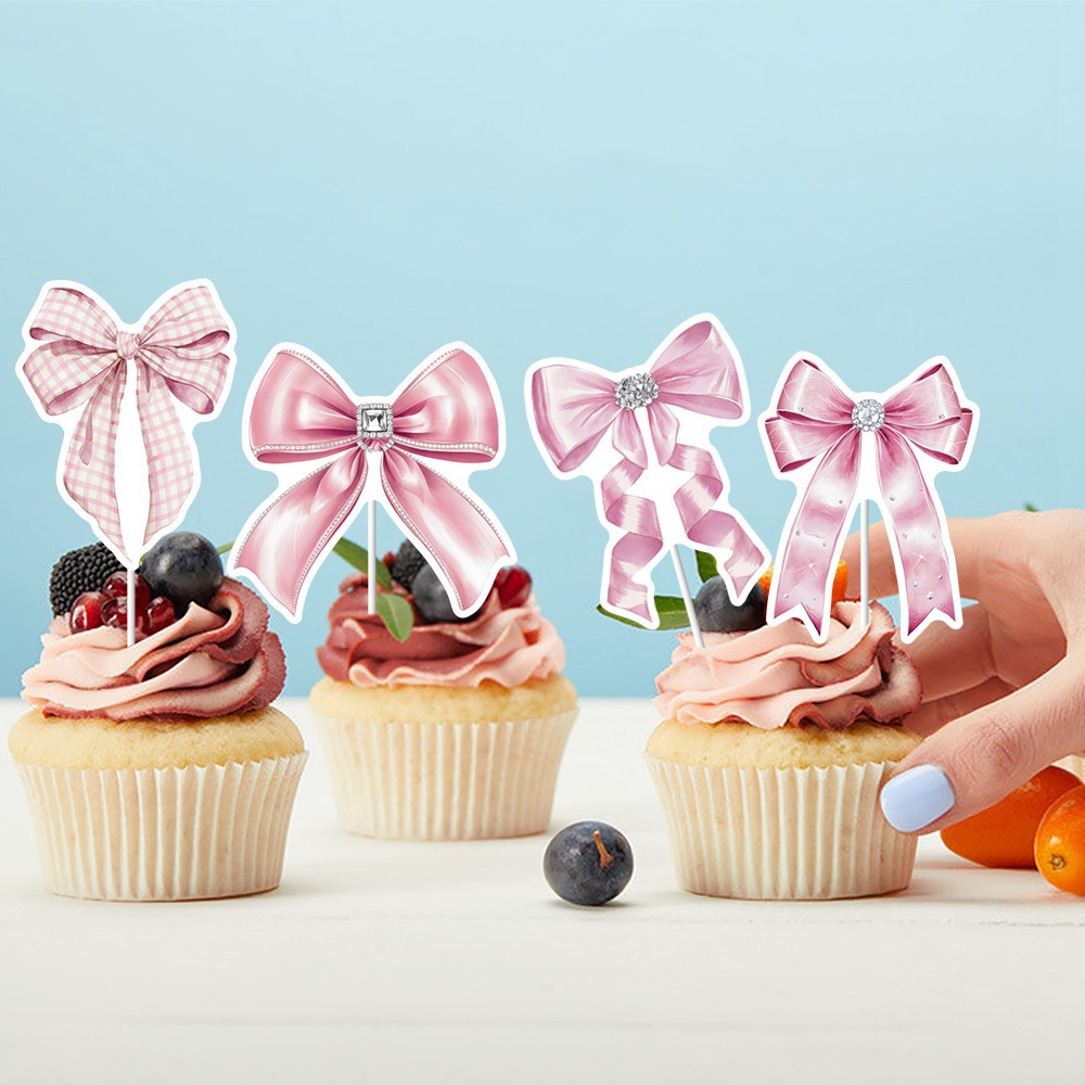 跨境新品蝴蝶结蛋糕插牌 生日派对纸杯蛋糕装饰粉色蝴蝶结小插牌