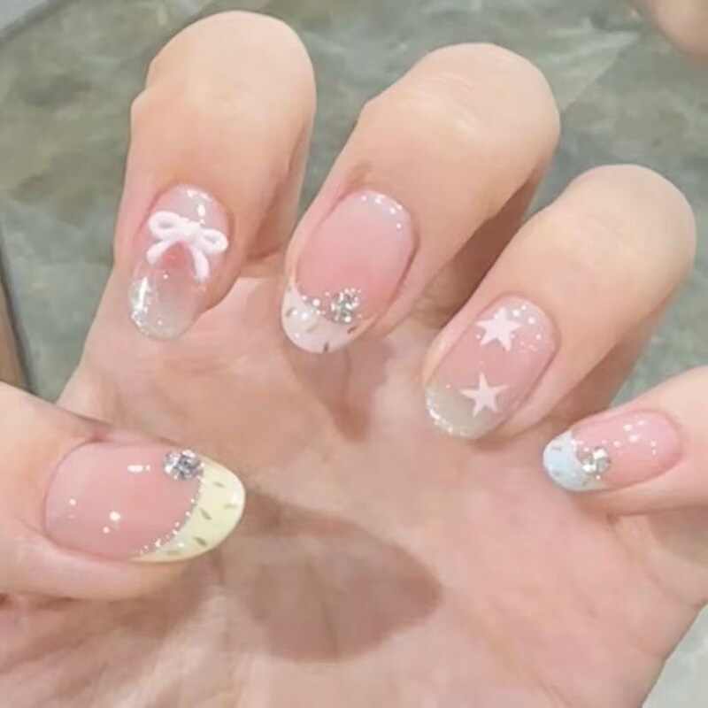 [Shimmering Star Sand] Handmade Wearable Manicure French Cat Eye Advanced Whitening Removable Ins Style Short Style