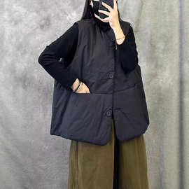 复古短款无袖背心棉服马甲女新款秋冬季宽松大码休闲保暖叠穿上衣