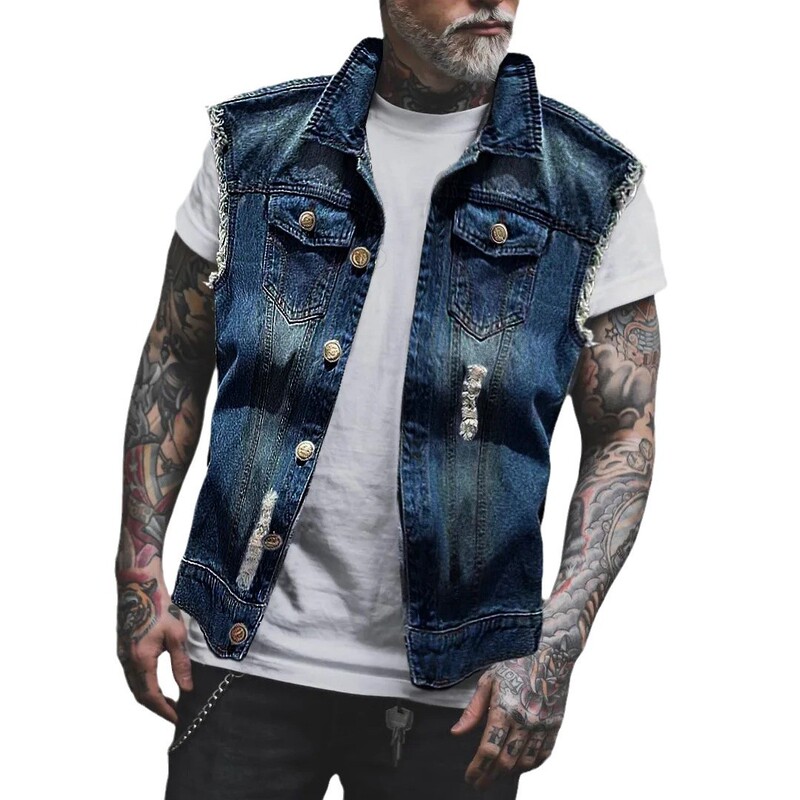 Cross-border new temu foreign trade men's Denim waistcoat leisure tooling ripped motorcycle sleeveless vest top men's fashion