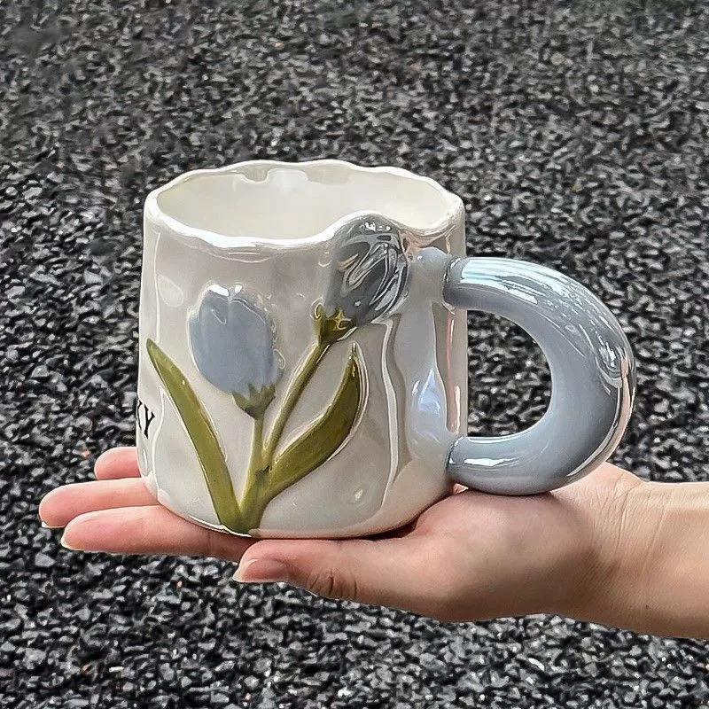 Керамическая кружка с 3D цветами, ручная роспись тюльпанов и роз, подарочный вариант