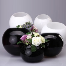简约现代黑色圆球形玻璃花瓶酒店大堂桌面白色花器居家软装摆件