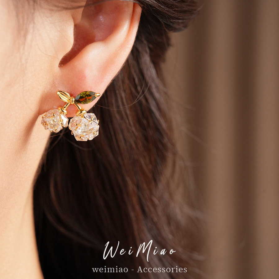 14K oro real plateado aguja de cereza de piedra de silicio temperamento delicado pendientes de orejas diarios lujo ligero de alta sensación de orejas image 5