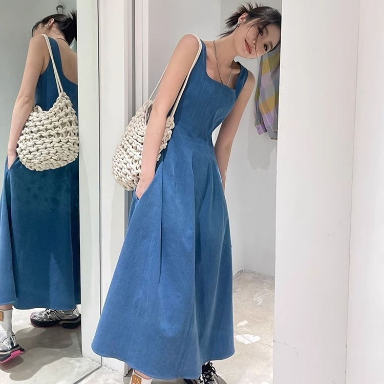Blue Sleeveless Denim Suspender Dress Women's Spring and Summer New Square Neck Waist Slimming French Style Long Skirt
