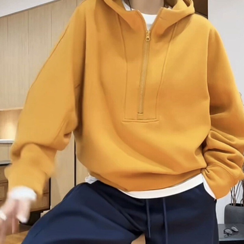 Half-Zip Hooded Loose Lazy Style Women's Casual Style Sweatshirt Autumn and Winter New Women's Tops