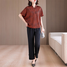 夏季新中式中老年妈妈装国风香云纱两件套宽松真丝高端遮肚套装女