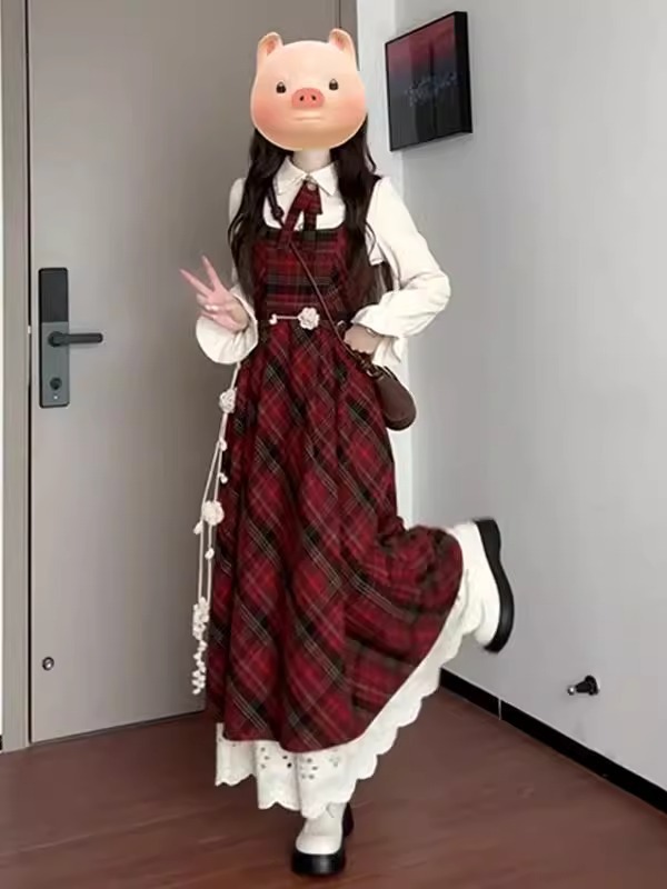 过新年战袍红色背带连衣裙子女秋冬季新款高级感穿搭套装长裙|undefined