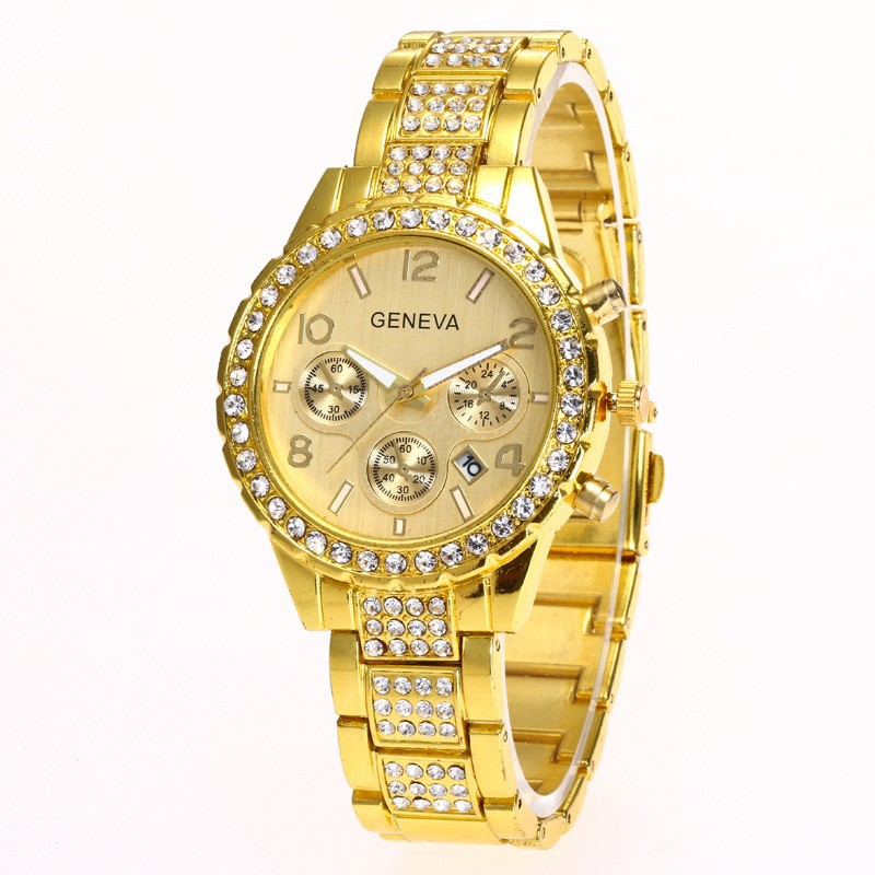 Geneva Alloy Calendar with Diamond Watch for Women Wholesale Popular Quartz Watch Bracelet Set Steel Belt with Diamonds