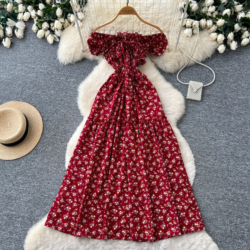 Women's French Sweet Style Square Neck Floral Dress Summer Korean Pleated Waist Tie A-Line Elegant Long Red Dress_ecoleips.com