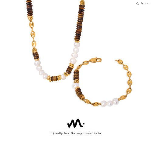 Retro Natural Tiger Eye Abacus Beads Handmade Stringed Freshwater Pearl Pig Nose Necklace Bracelet Set Decor for Women