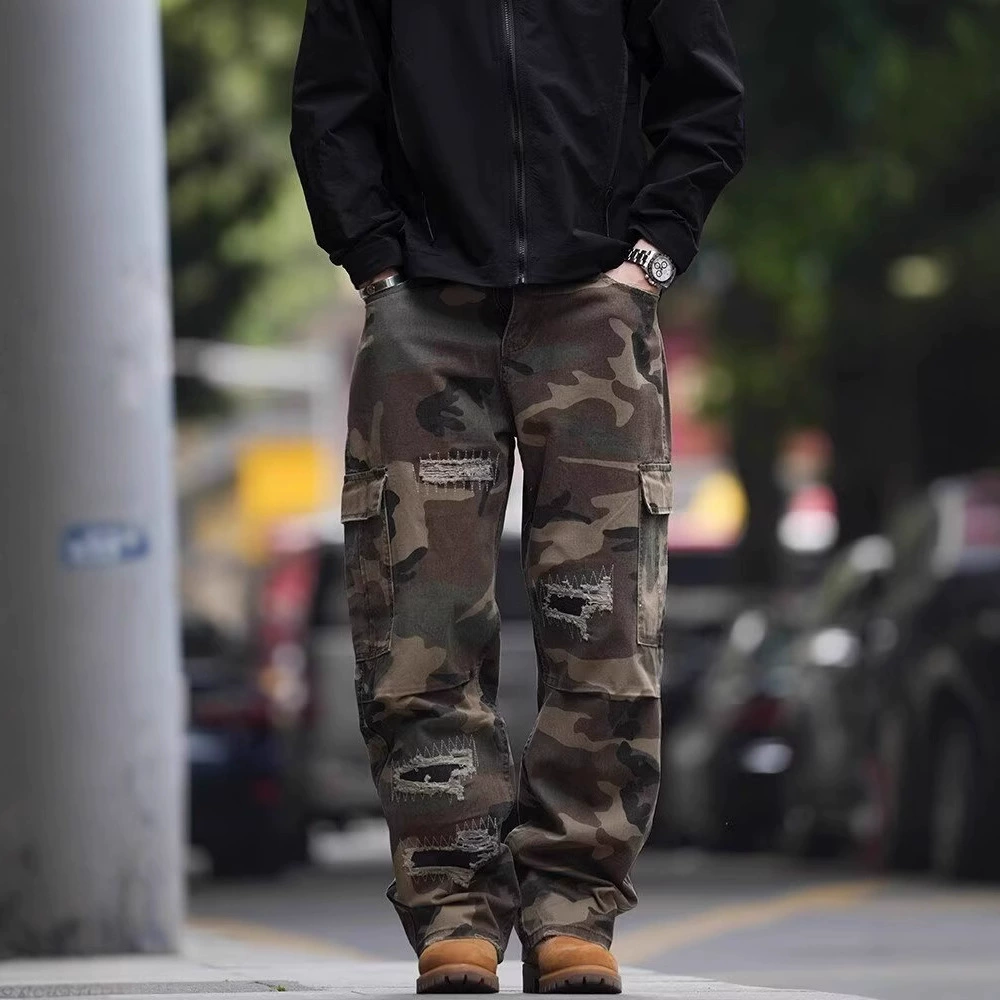 Камуфляжный дизайн джинсы, брюки, oversize, свободный прямой крой