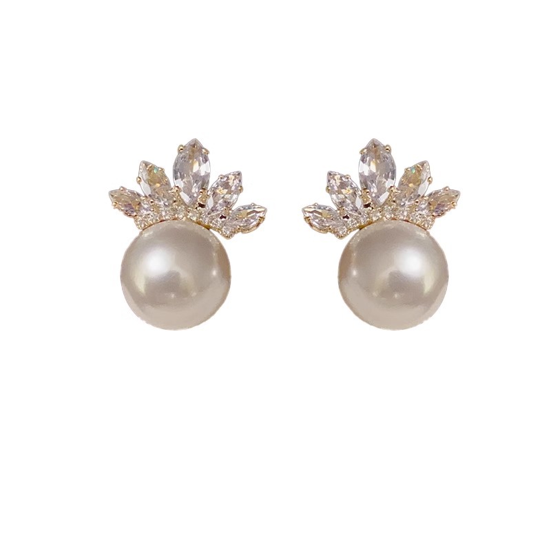 Pendientes de botón con perla y circonita para mujer elegantes_voghion.com
