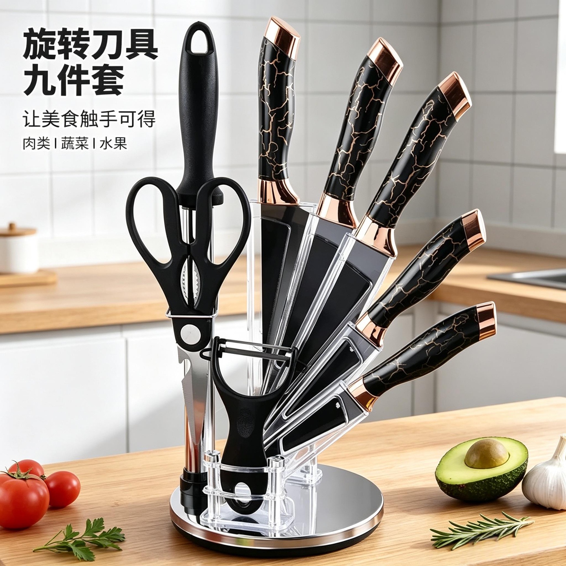 刀具套装厨房刀具九件套大理石纹双电镀头套刀旋转刀座厨师刀组合