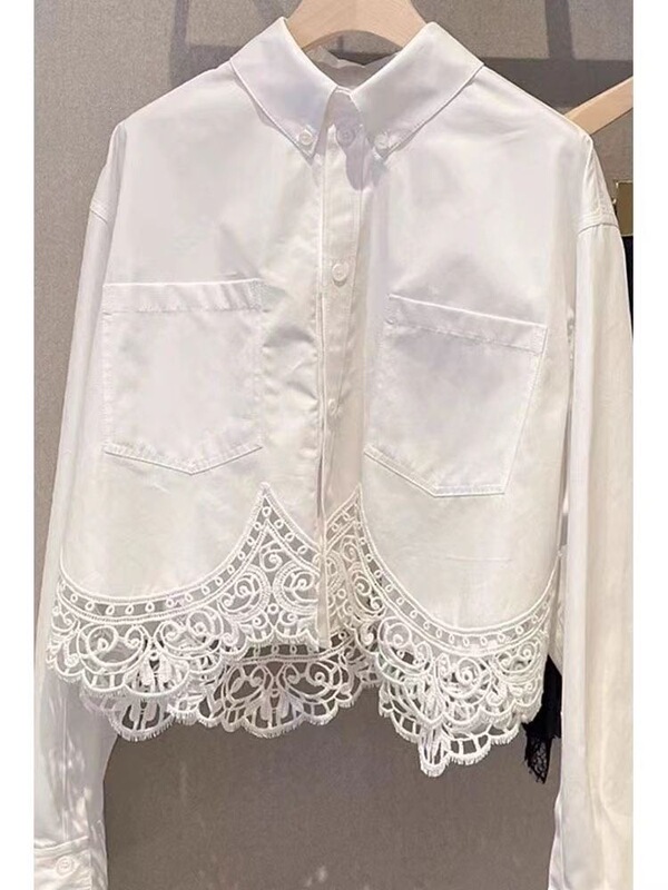 Elegant women's new French lace patchwork top, unique design for petite figures, long-sleeved white shirt