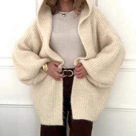 跨境欧美韩系加厚连帽长款毛衣开衫女2025新款宽松慵懒风软糯外套