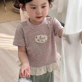 2025夏季新品童装韩版女童蕾丝花边T恤儿童公主洋气时髦短袖上衣t