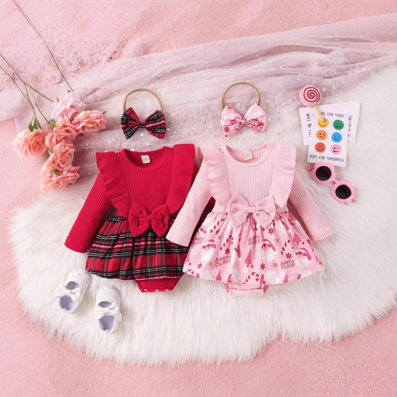 Baby Christmas Clothes Cross-Border Children's Bow-Knot Ribbed Romper Spring and Autumn Style Girl Baby Triangle Long-Sleeve Jumpsuit