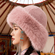 粉色毛绒蒙古帽子女秋冬防寒保暖东北盆帽护耳帽狐狸毛渔夫帽批发