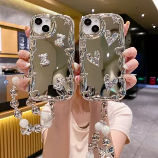 电镀镜面适用苹果17手机壳爱心手链iPhone13/16PRO银小熊全包软壳