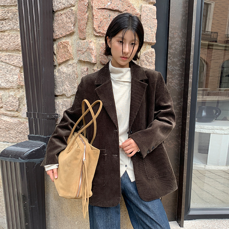 [Clearance, No Returns or Exchanges] Moxi Thirteen Rows Women's Clothing Vintage Thickened Corduroy Blazer with Turn-Down Collar for Women