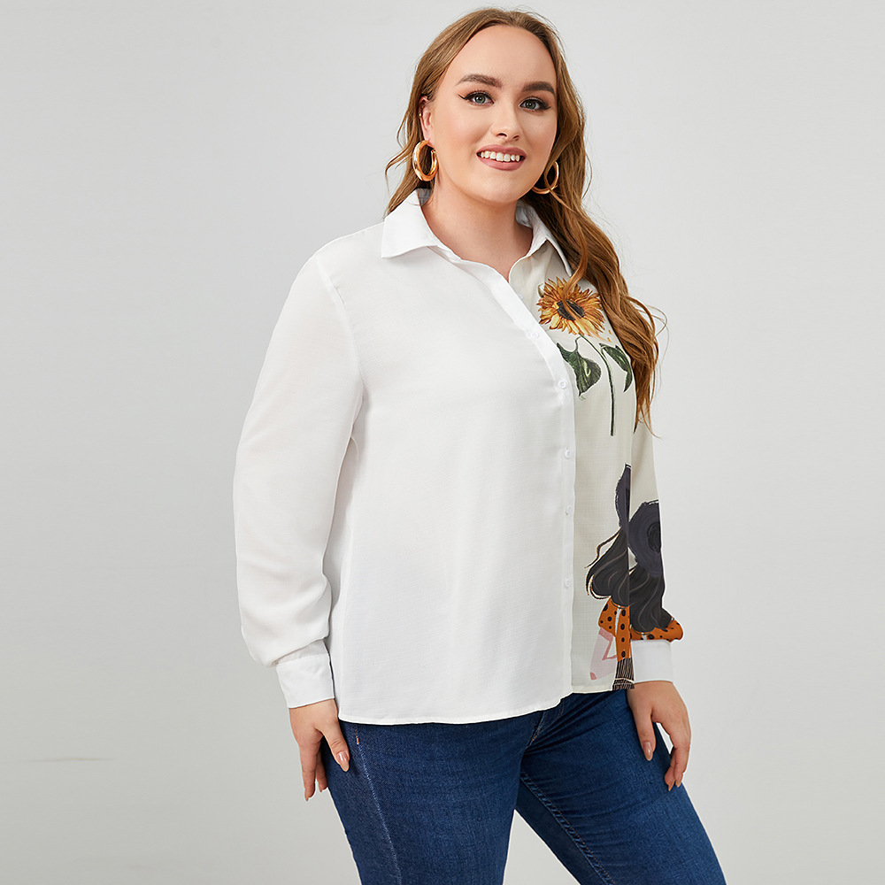 Plus Size High-Neck Single-Breasted Pattern Printed Shirt NSWCJ112246