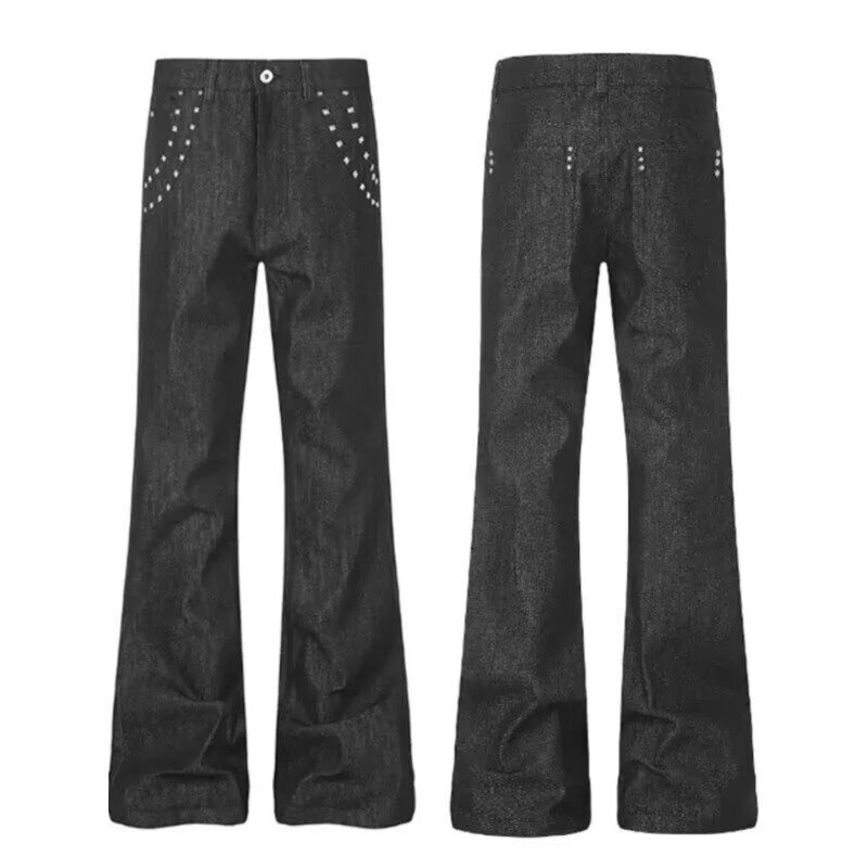 DETW26 snake print faded black denim jeans with irregular pockets, metal rivets, and stacked zipper design DETW26 snake print faded black denim jeans with irregular pockets, metal rivets, and stacked zipper design