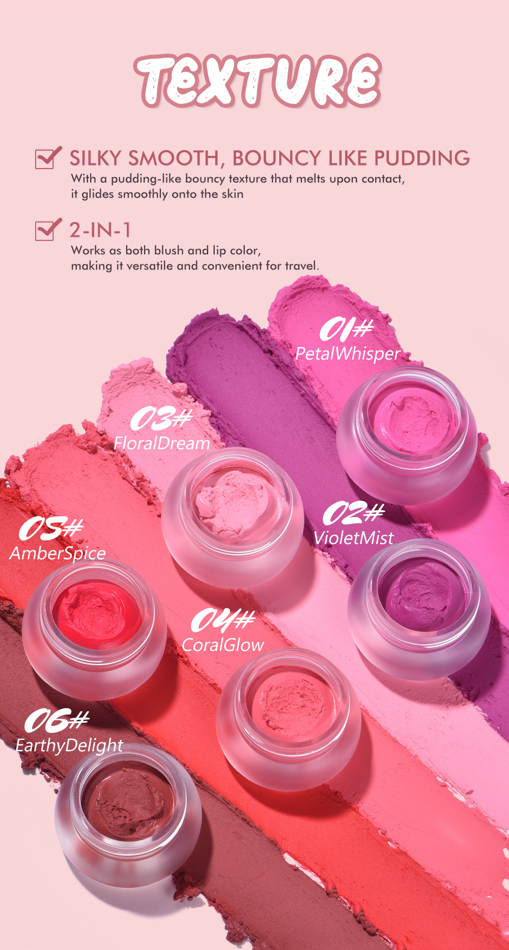 YOUNG VISION 6-color Mousse Blush Clay Nude Natural and Delicate Color Display matte Velvet Blush Application Scenario