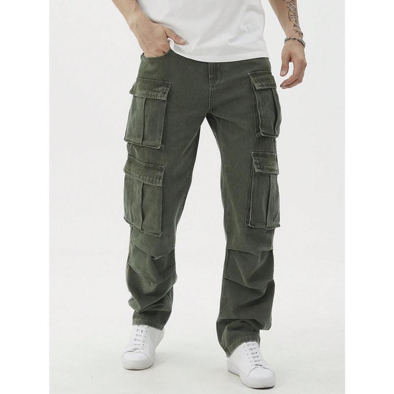 跨境Men's Casual Washed Straight Leg Cargo Jeans Menswear|undefined