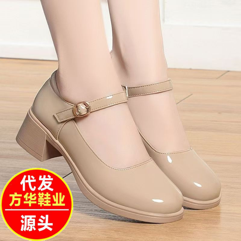 2026 primavera y otoño nuevos zapatos de cuero suave brillante, zapatos de talón grueso y medio cómodos, antideslizantes, zapatos de cabeza redonda superficiales