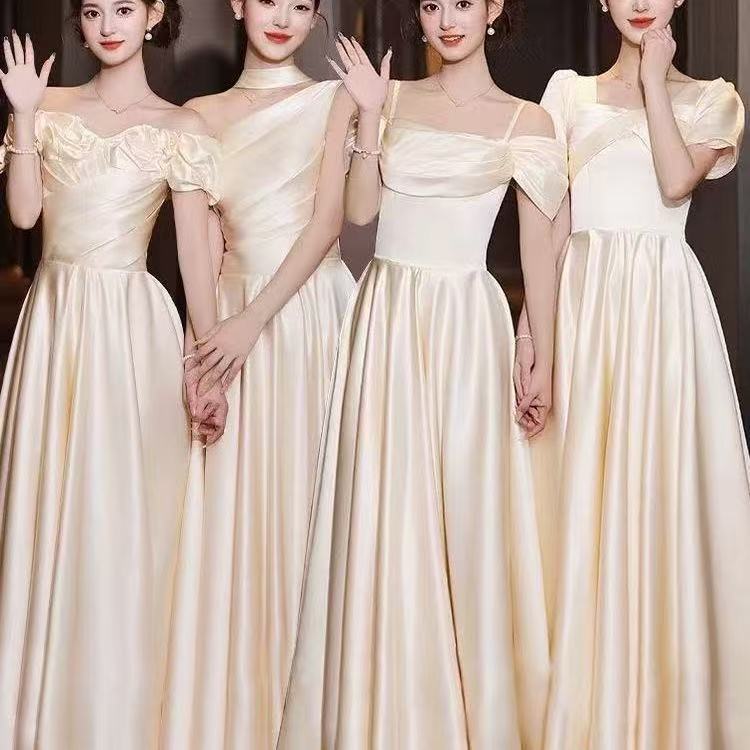 Champagne-colored satin bridesmaid dress, long one-shoulder evening gown for women, slimming dress for sister group banquets and performances