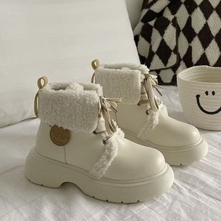 Snow boots women's winter 2024 new academic style small leather shoes fleece-lined martin boots thick bottom warm big head cotton shoes
