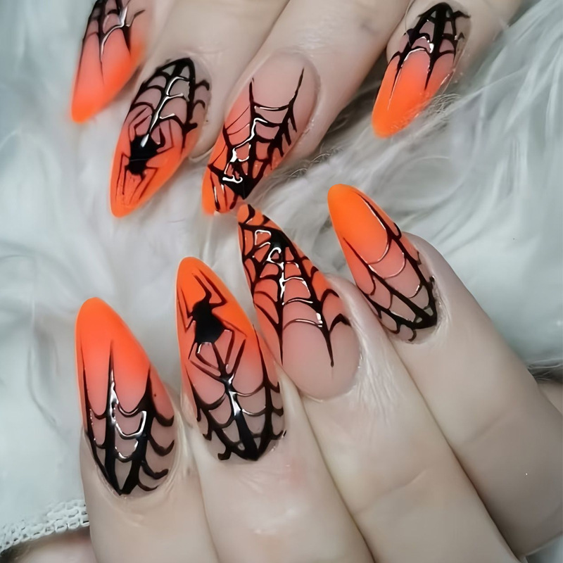 24 Pieces of Cross-Border Halloween Popular Spider Web Orange Gradient Finished Cat Eye Wearable Almond-Shaped Nails 24 Pieces of Cross-Border Halloween Popular Spider Web Orange Gradient Finished Cat Eye Wearable Almond-Shaped Nails