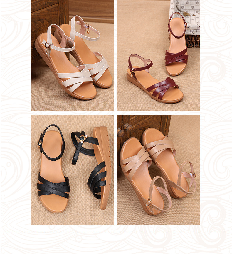 Sandal nữ đế xuồng da thật mềm chống trượt mùa hè — Màu be chi tiết 4