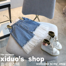 2025新品女童夏装夏季甜美百搭半身牛仔拼接网纱蕾丝A字裙牛仔裙