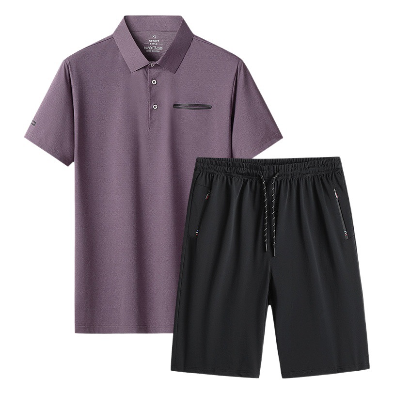 Conjunto de dos piezas de camisa polo de seda helada para hombre, ideal para el verano, estilo casual de negocios para hombres de mediana edad y mayores, con solapa y manga corta, de secado rápido.