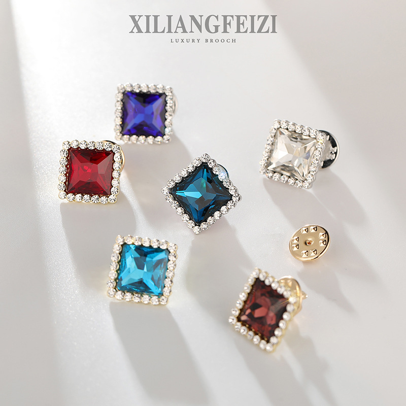西凉妃子 欧美时尚水晶胸针 优雅气质防走光领针镶钻方形配饰别针