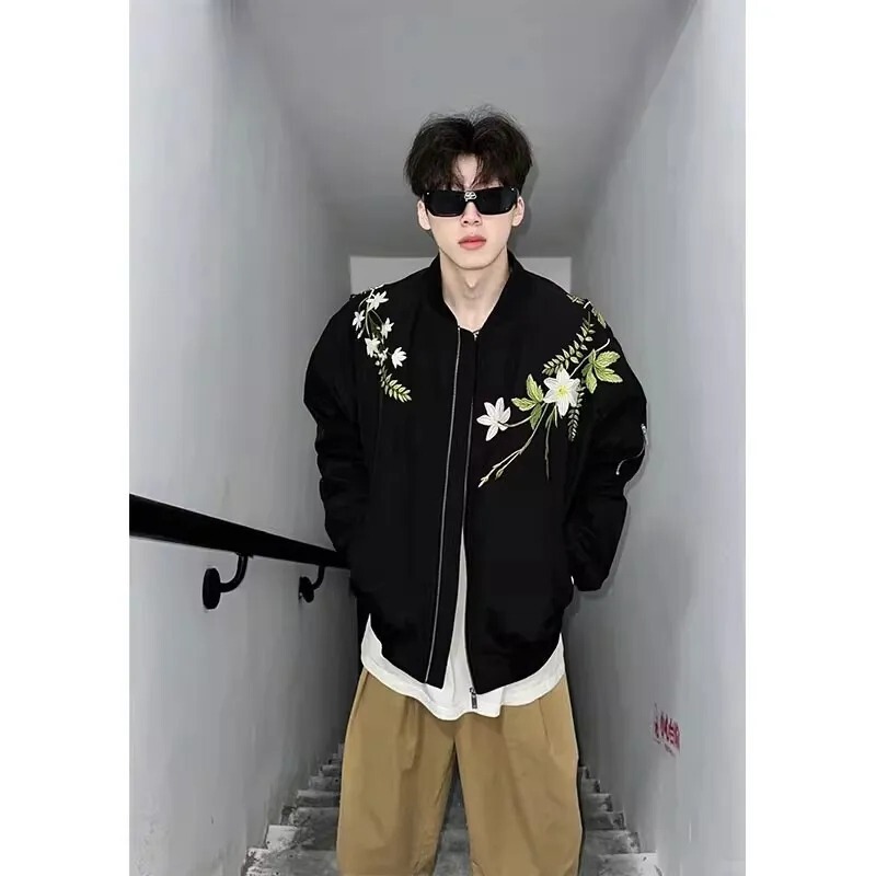 American Style Retro Floral Baseball Suit Outer Loose Set Men's Autumn and Winter Thickened Warm Bomber Jacket Couple's Fashionable