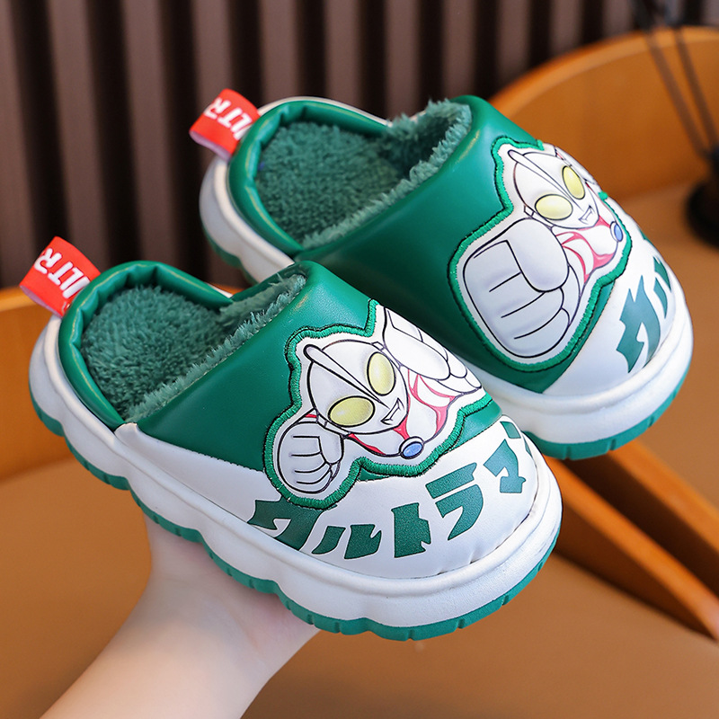 Niños de invierno Ultraman bebé Zapatillas de algodón cálido hogar PU cuero impermeable medio y grande niños bolsa de dibujos animados zapatos de tacón de algodón