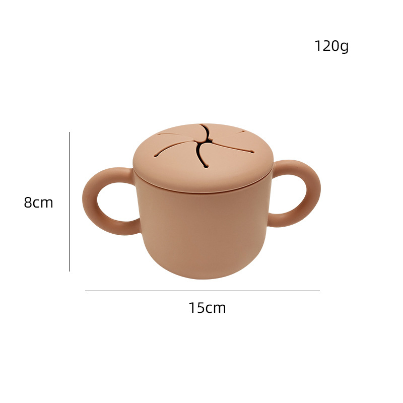 Doble oreja de tipo pétalo abierto de silicona snack taza con mango bebé snack caja creativa beber taza en stock